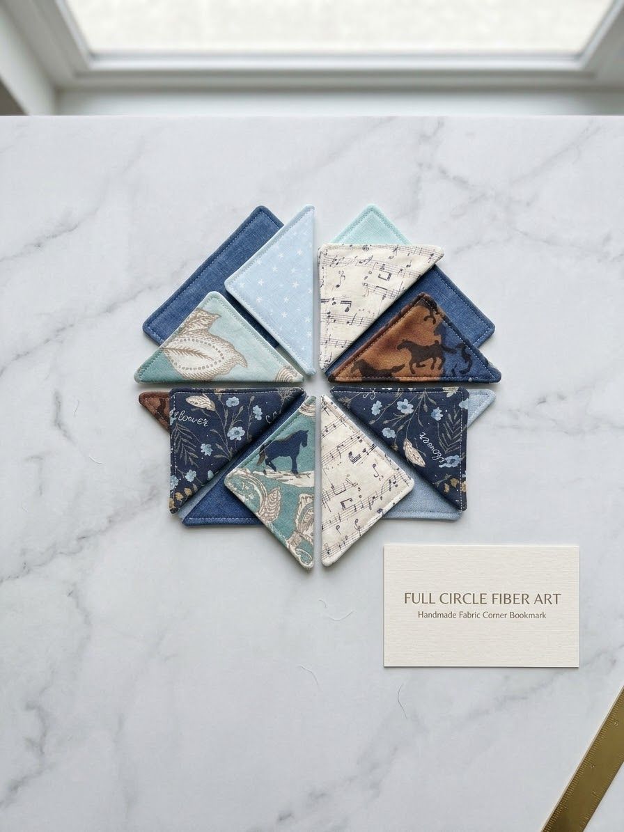 A circle of fabric corner bookmarks in blues, creams and horse prints on marble